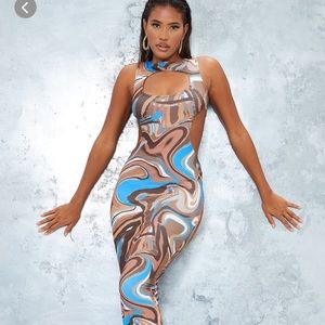 PLT Brown Marble Print Slinky Waist Cut Put Sleeveless Midaxi Dress
